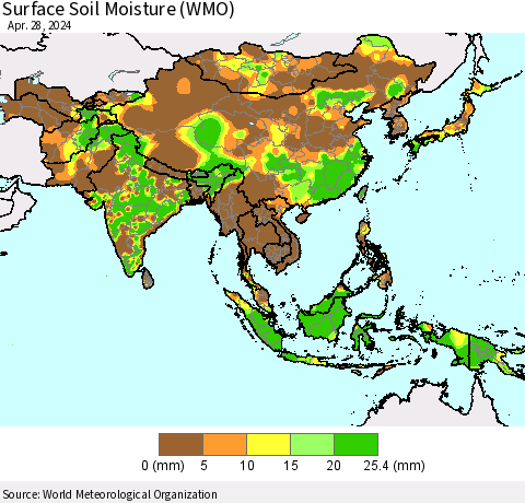 Asia Surface Soil Moisture (WMO) Thematic Map For 4/22/2024 - 4/28/2024