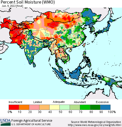 Asia Percent Soil Moisture (WMO) Thematic Map For 1/3/2022 - 1/9/2022