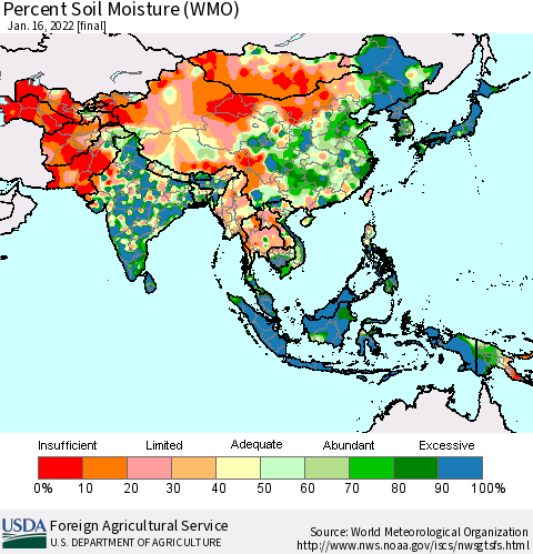 Asia Percent Soil Moisture (WMO) Thematic Map For 1/10/2022 - 1/16/2022