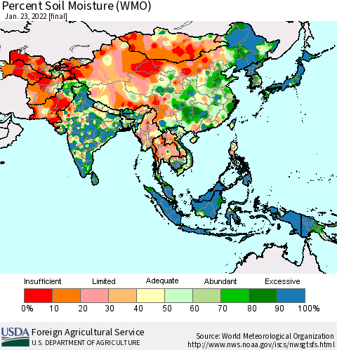 Asia Percent Soil Moisture (WMO) Thematic Map For 1/17/2022 - 1/23/2022