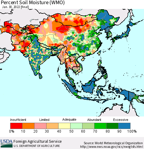Asia Percent Soil Moisture (WMO) Thematic Map For 1/24/2022 - 1/30/2022