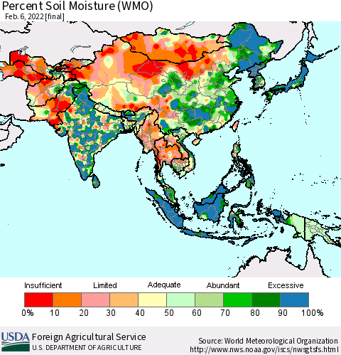 Asia Percent Soil Moisture (WMO) Thematic Map For 1/31/2022 - 2/6/2022