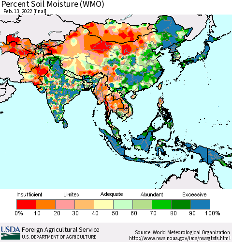 Asia Percent Soil Moisture (WMO) Thematic Map For 2/7/2022 - 2/13/2022