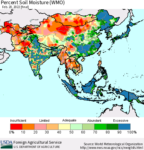 Asia Percent Soil Moisture (WMO) Thematic Map For 2/14/2022 - 2/20/2022