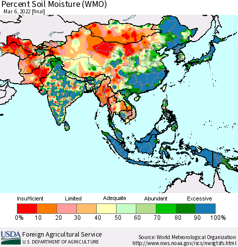Asia Percent Soil Moisture (WMO) Thematic Map For 2/28/2022 - 3/6/2022