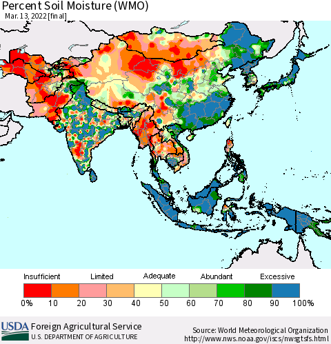 Asia Percent Soil Moisture (WMO) Thematic Map For 3/7/2022 - 3/13/2022