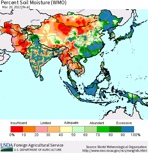 Asia Percent Soil Moisture (WMO) Thematic Map For 3/14/2022 - 3/20/2022