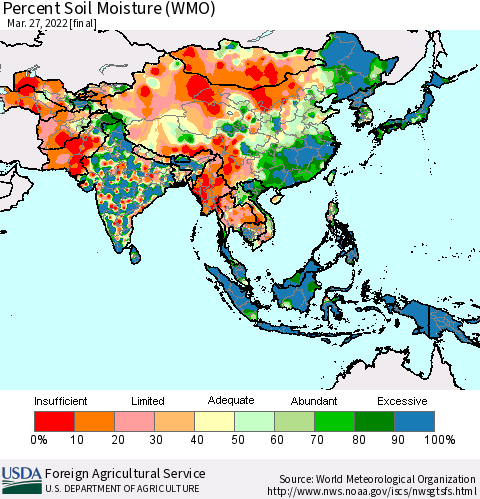 Asia Percent Soil Moisture (WMO) Thematic Map For 3/21/2022 - 3/27/2022