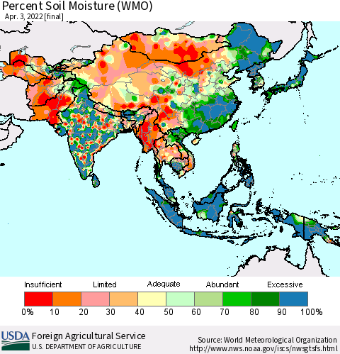 Asia Percent Soil Moisture (WMO) Thematic Map For 3/28/2022 - 4/3/2022