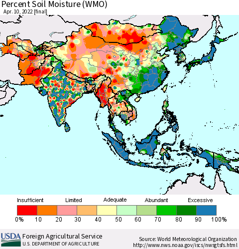 Asia Percent Soil Moisture (WMO) Thematic Map For 4/4/2022 - 4/10/2022