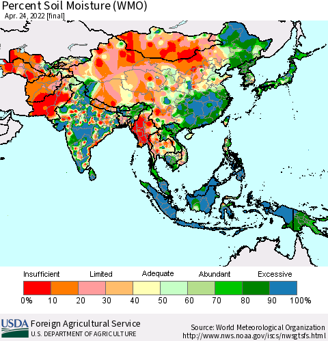 Asia Percent Soil Moisture (WMO) Thematic Map For 4/18/2022 - 4/24/2022