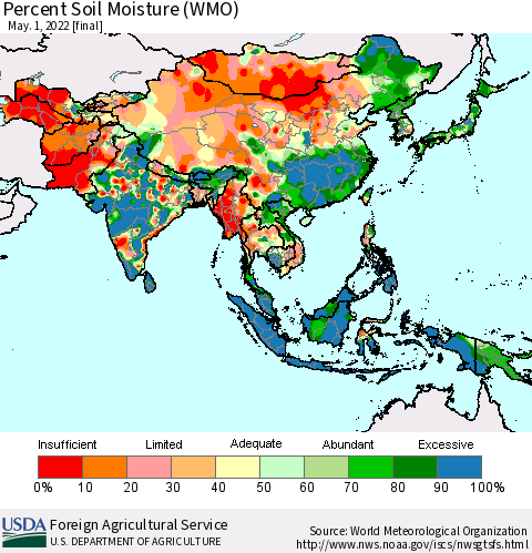 Asia Percent Soil Moisture (WMO) Thematic Map For 4/25/2022 - 5/1/2022