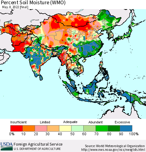 Asia Percent Soil Moisture (WMO) Thematic Map For 5/2/2022 - 5/8/2022