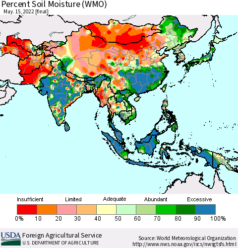 Asia Percent Soil Moisture (WMO) Thematic Map For 5/9/2022 - 5/15/2022