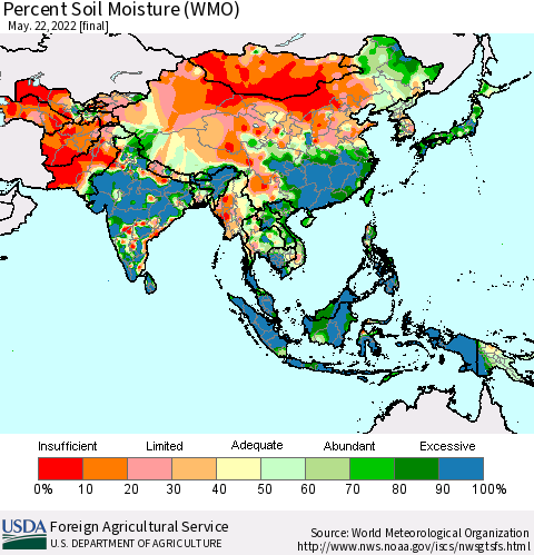 Asia Percent Soil Moisture (WMO) Thematic Map For 5/16/2022 - 5/22/2022