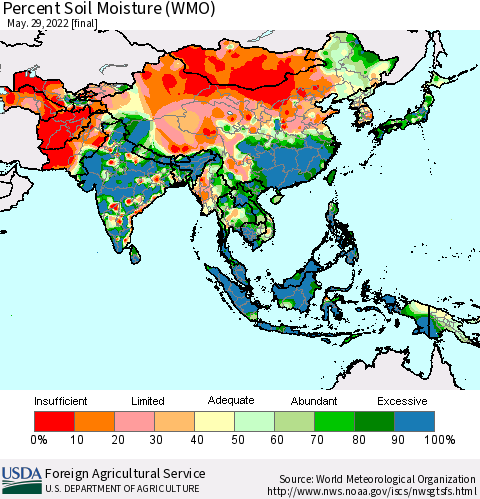 Asia Percent Soil Moisture (WMO) Thematic Map For 5/23/2022 - 5/29/2022