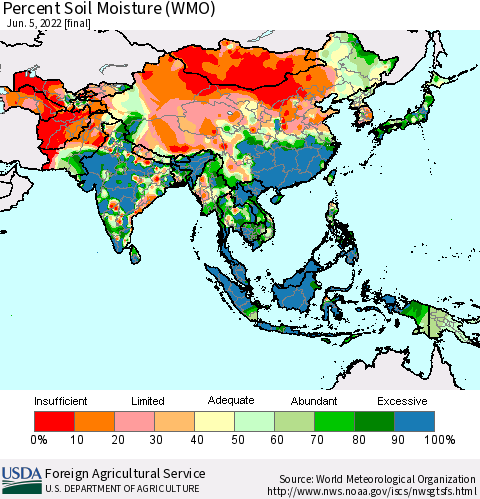 Asia Percent Soil Moisture (WMO) Thematic Map For 5/30/2022 - 6/5/2022