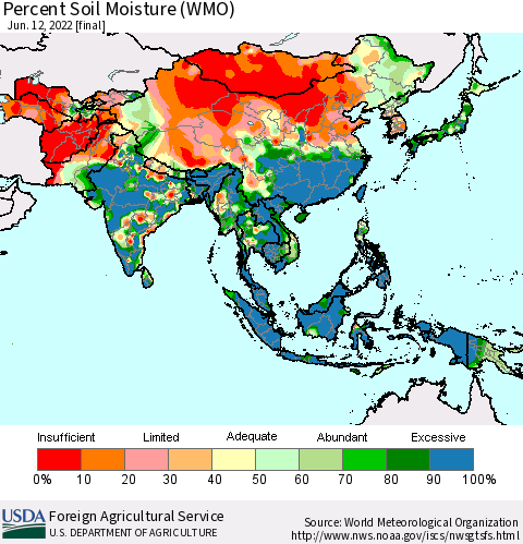 Asia Percent Soil Moisture (WMO) Thematic Map For 6/6/2022 - 6/12/2022
