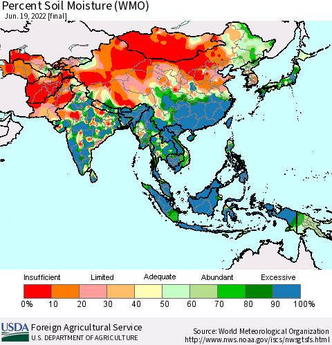Asia Percent Soil Moisture (WMO) Thematic Map For 6/13/2022 - 6/19/2022
