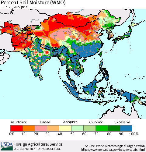 Asia Percent Soil Moisture (WMO) Thematic Map For 6/20/2022 - 6/26/2022