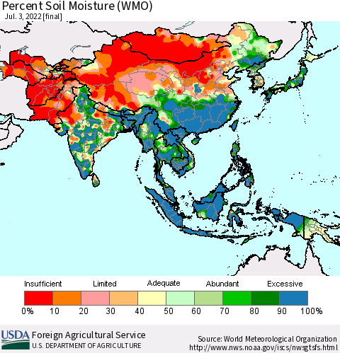 Asia Percent Soil Moisture (WMO) Thematic Map For 6/27/2022 - 7/3/2022
