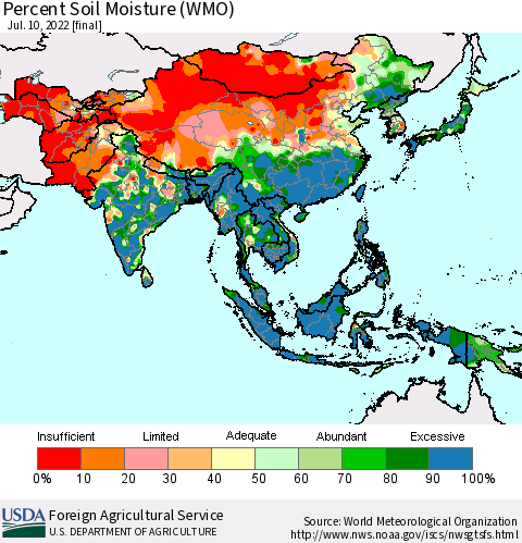 Asia Percent Soil Moisture (WMO) Thematic Map For 7/4/2022 - 7/10/2022