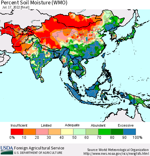 Asia Percent Soil Moisture (WMO) Thematic Map For 7/11/2022 - 7/17/2022
