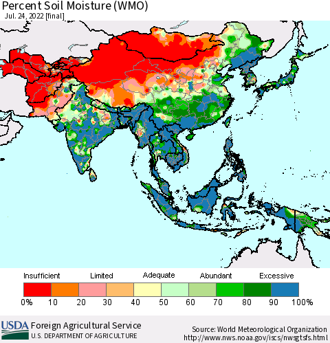 Asia Percent Soil Moisture (WMO) Thematic Map For 7/18/2022 - 7/24/2022