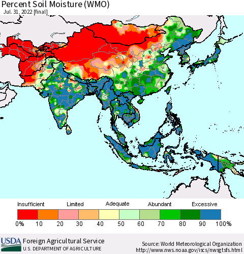 Asia Percent Soil Moisture (WMO) Thematic Map For 7/25/2022 - 7/31/2022