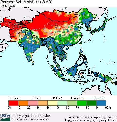 Asia Percent Soil Moisture (WMO) Thematic Map For 8/1/2022 - 8/7/2022