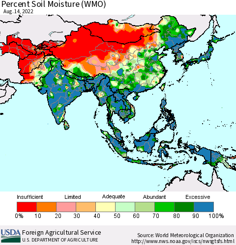 Asia Percent Soil Moisture (WMO) Thematic Map For 8/8/2022 - 8/14/2022