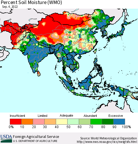 Asia Percent Soil Moisture (WMO) Thematic Map For 8/29/2022 - 9/4/2022