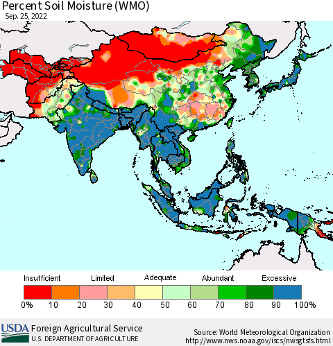 Asia Percent Soil Moisture (WMO) Thematic Map For 9/19/2022 - 9/25/2022