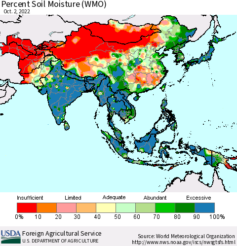 Asia Percent Soil Moisture (WMO) Thematic Map For 9/26/2022 - 10/2/2022