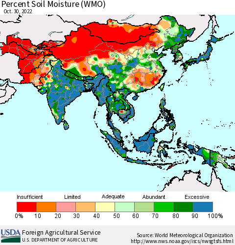 Asia Percent Soil Moisture (WMO) Thematic Map For 10/24/2022 - 10/30/2022