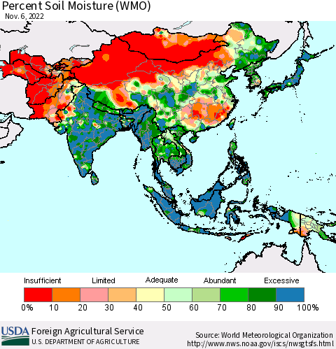 Asia Percent Soil Moisture (WMO) Thematic Map For 10/31/2022 - 11/6/2022