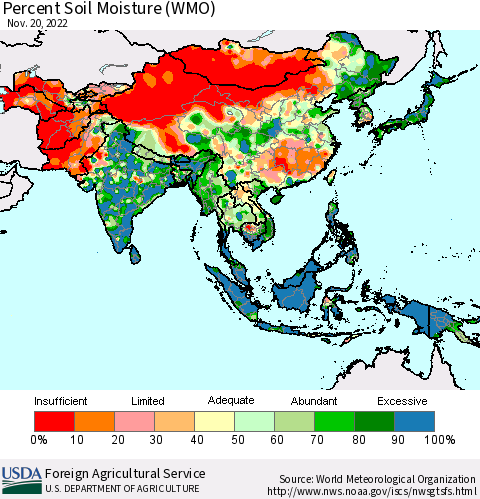 Asia Percent Soil Moisture (WMO) Thematic Map For 11/14/2022 - 11/20/2022