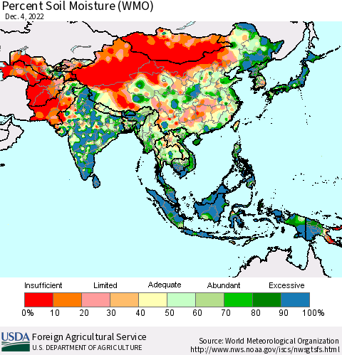 Asia Percent Soil Moisture (WMO) Thematic Map For 11/28/2022 - 12/4/2022