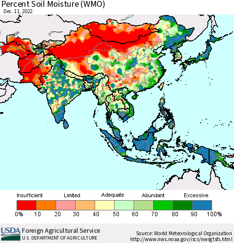 Asia Percent Soil Moisture (WMO) Thematic Map For 12/5/2022 - 12/11/2022