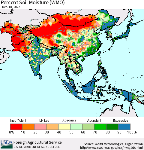 Asia Percent Soil Moisture (WMO) Thematic Map For 12/12/2022 - 12/18/2022