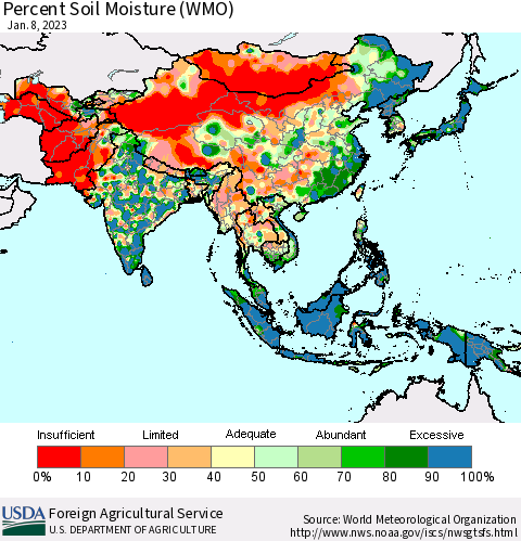 Asia Percent Soil Moisture (WMO) Thematic Map For 1/2/2023 - 1/8/2023