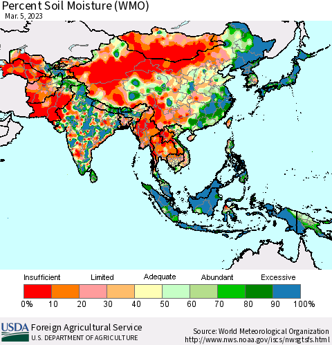 Asia Percent Soil Moisture (WMO) Thematic Map For 2/27/2023 - 3/5/2023