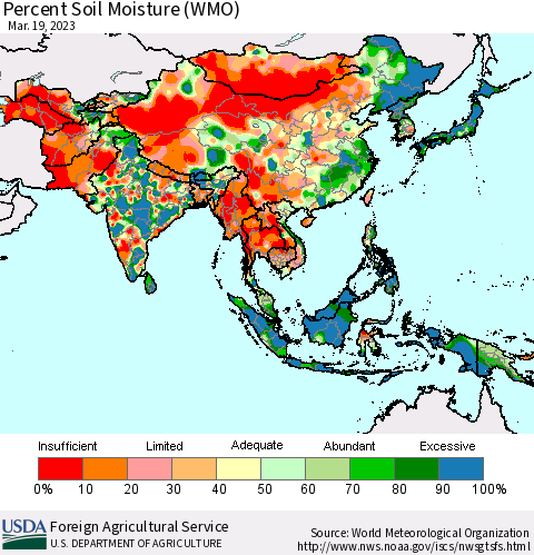 Asia Percent Soil Moisture (WMO) Thematic Map For 3/13/2023 - 3/19/2023