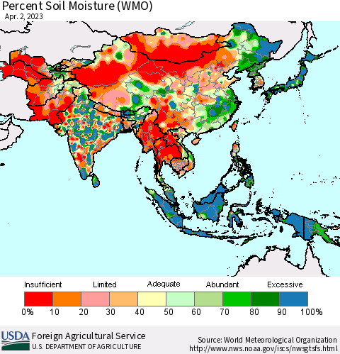 Asia Percent Soil Moisture (WMO) Thematic Map For 3/27/2023 - 4/2/2023