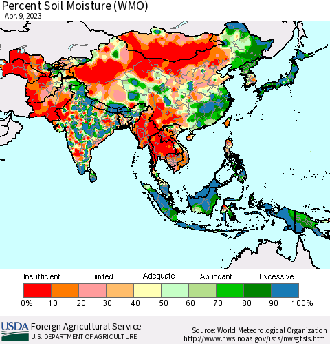Asia Percent Soil Moisture (WMO) Thematic Map For 4/3/2023 - 4/9/2023