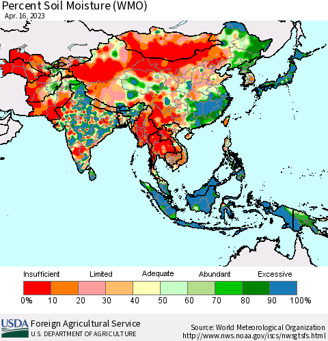 Asia Percent Soil Moisture (WMO) Thematic Map For 4/10/2023 - 4/16/2023