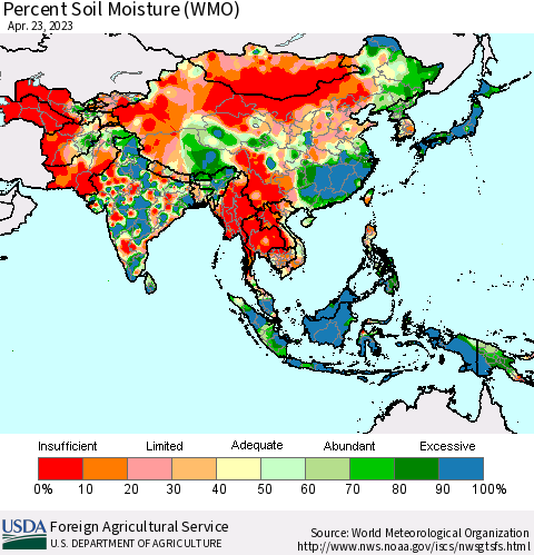 Asia Percent Soil Moisture (WMO) Thematic Map For 4/17/2023 - 4/23/2023
