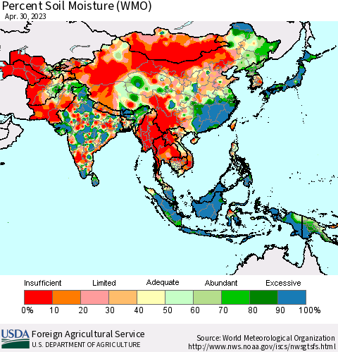 Asia Percent Soil Moisture (WMO) Thematic Map For 4/24/2023 - 4/30/2023