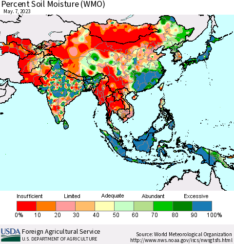 Asia Percent Soil Moisture (WMO) Thematic Map For 5/1/2023 - 5/7/2023