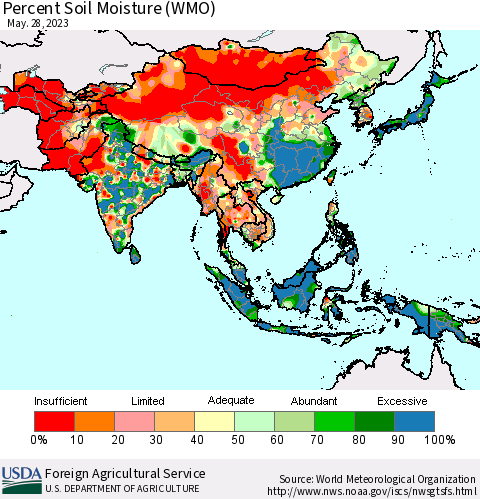 Asia Percent Soil Moisture (WMO) Thematic Map For 5/22/2023 - 5/28/2023